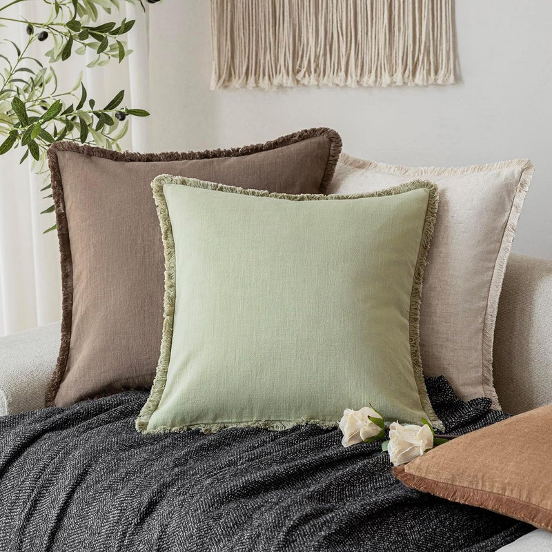Foindtower Set of 2 Decorative Linen Fringe Throw Pillow Covers Boho Farmhouse Cushion Cover with Tassels Soft Accent Pillowcase for Couch Sofa Bed Living Room Home Decor,24×24 Inch,Light Sage Green - Image 5