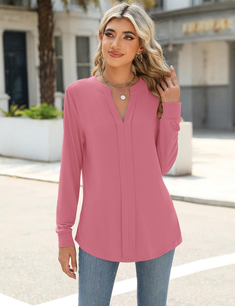 Micoson Blouses for Women Dressy Casual Long Sleeve Business Shirts V Neck Pleated Work Tunic Loose Fit Fall Trendy Knit Top Pink L - Image 2