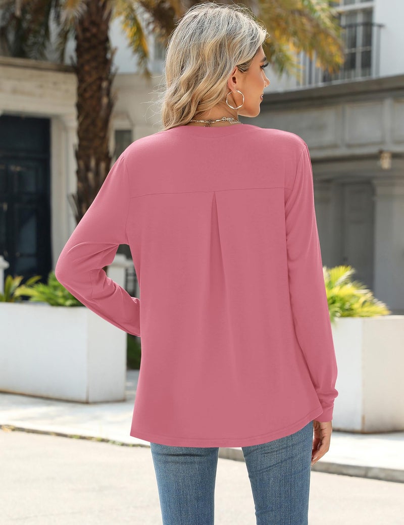 Micoson Blouses for Women Dressy Casual Long Sleeve Business Shirts V Neck Pleated Work Tunic Loose Fit Fall Trendy Knit Top Pink L - Image 3