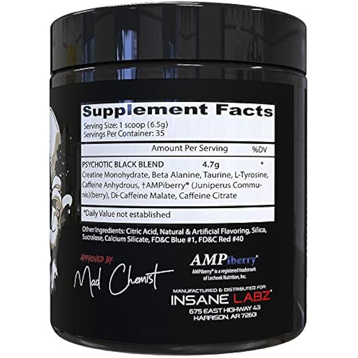 Insane Labz Psychotic Black Edition Mid Stimulant Pre Workout Powder, Energy Focus Pumps, Loaded with Creatine Beta Alanine Taurine Fueled by AMPiberry, 35 Servings (Grape) - Image 2