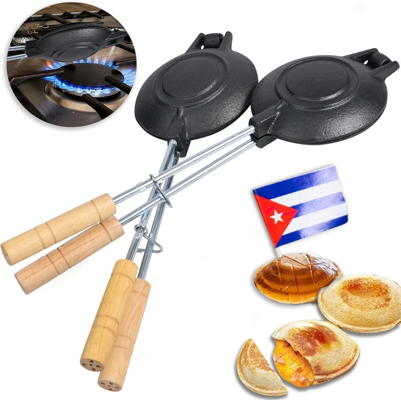 TRAITOOLS Original Disquera de Pan Cubano Redondo – Set of 2 Cast Iron Cuban Sandwich Presses – Traditional Discos Voladores Maker – 15” with Wooden Handles - Image 1