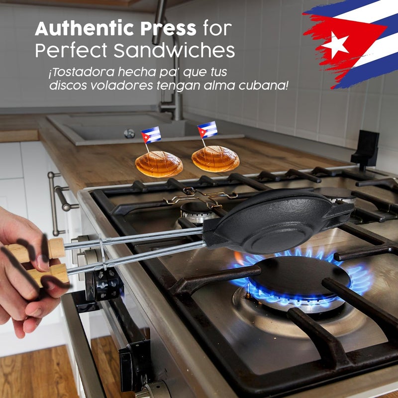 TRAITOOLS Original Disquera de Pan Cubano Redondo – Set of 2 Cast Iron Cuban Sandwich Presses – Traditional Discos Voladores Maker – 15” with Wooden Handles - Image 2