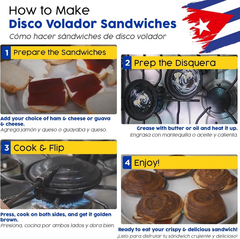 TRAITOOLS Original Disquera de Pan Cubano Redondo – Set of 2 Cast Iron Cuban Sandwich Presses – Traditional Discos Voladores Maker – 15” with Wooden Handles - Image 4