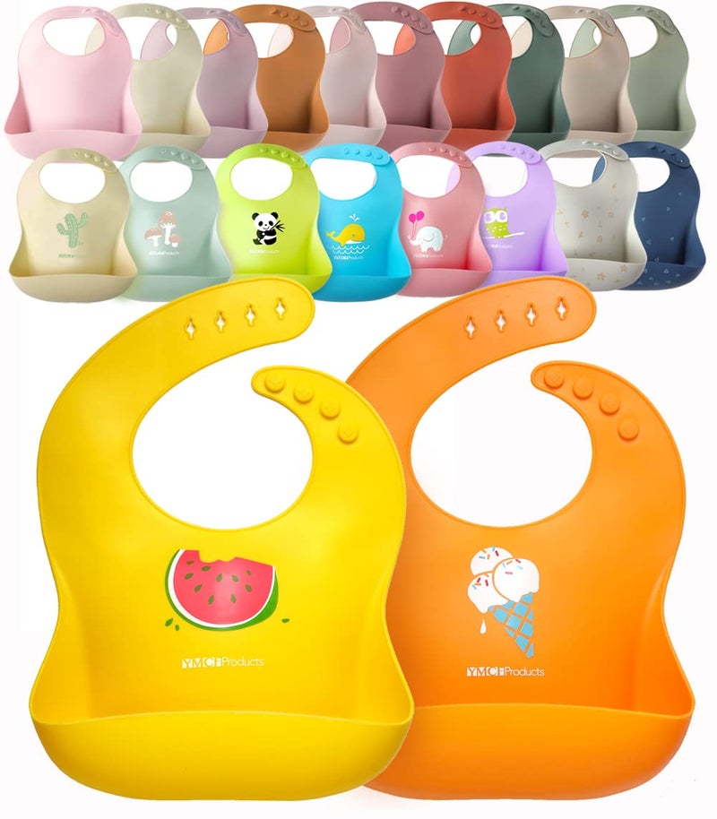 YMCF Products 2-Pack Waterproof Silicone Baby Bib Lightweight Comfortable Easy-Wipe Clean (Orange/Yellow, Small) - Image 1