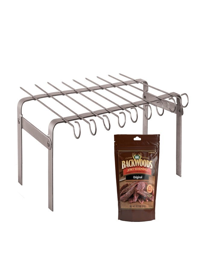 LEM Products Jerky Hanger with 9 Skewers, Backwoods Original Jerky Seasoning, Folding Rack for Oven or Smoker, Stainless Steel - Image 1