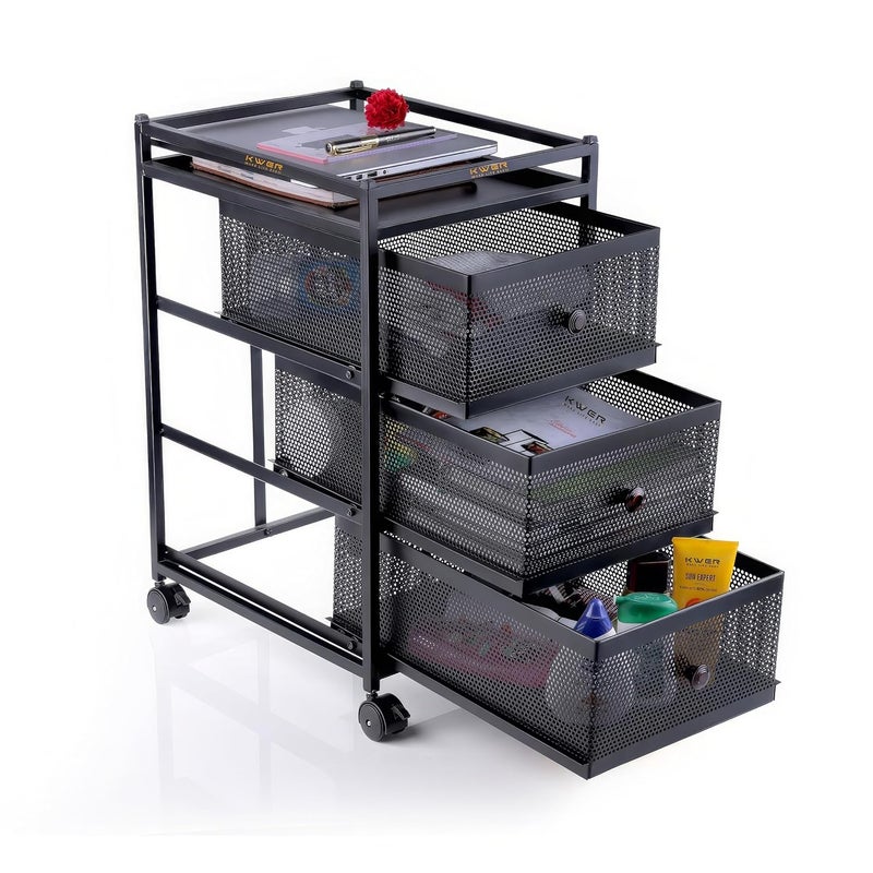 KWER 3 Drawer Compartment Unit Under Sink Cabinet Organizer With Sliding Storage Drawer Desktop For Kitchen Bathroom Office Stackable Black Metal - Image 1