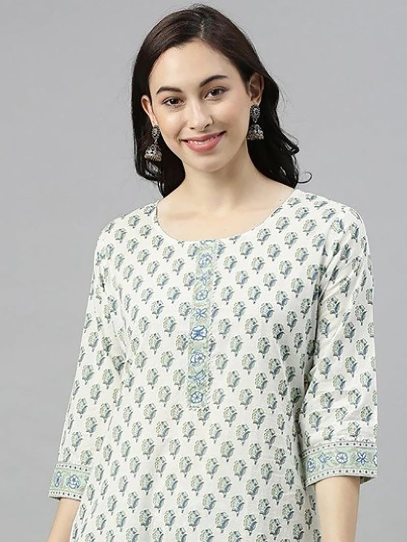 Vaamsi Women's Jaipuri Floral Printed Straight Kurta With Palazzo Set (VKSET1141_Off-White_S) - Image 3