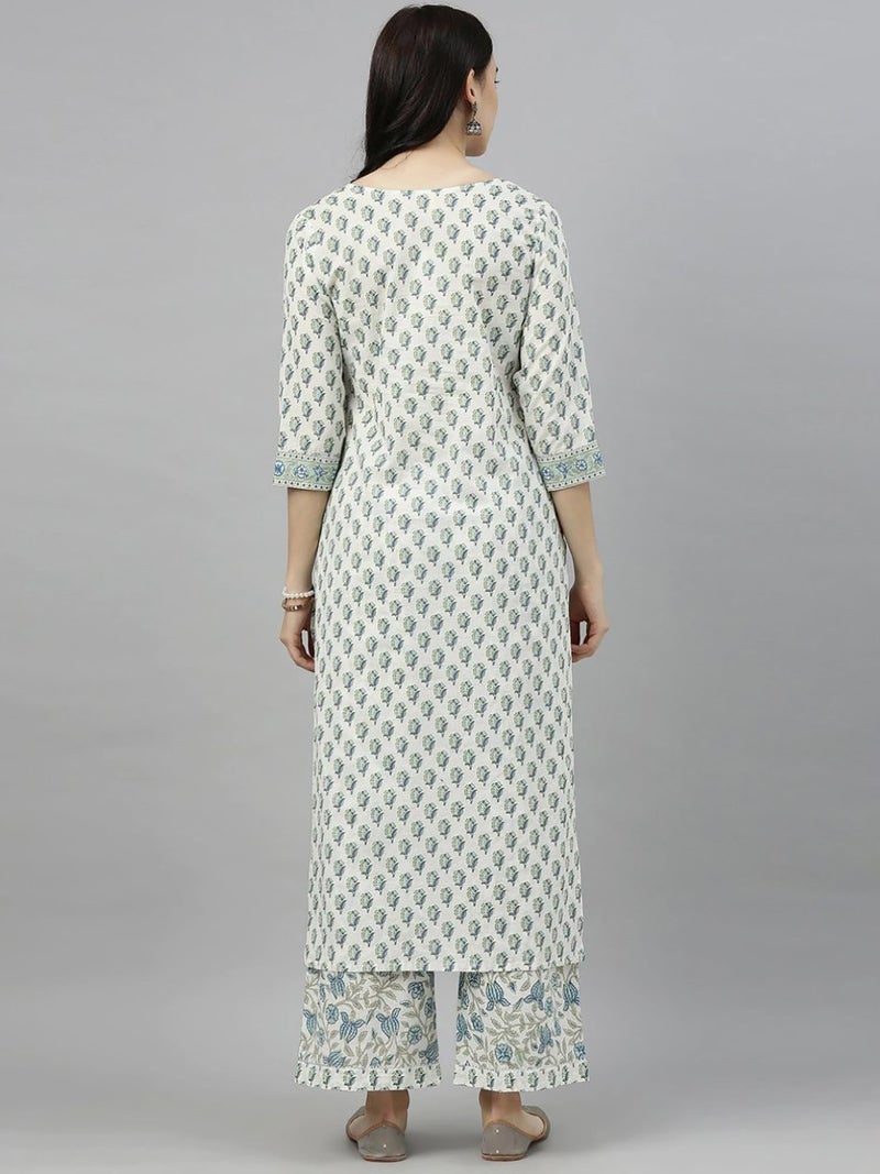 Vaamsi Women's Jaipuri Floral Printed Straight Kurta With Palazzo Set (VKSET1141_Off-White_S) - Image 2