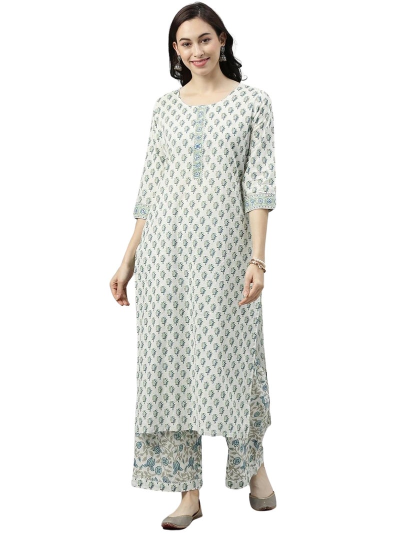 Vaamsi Women's Jaipuri Floral Printed Straight Kurta With Palazzo Set (VKSET1141_Off-White_S) - Image 1