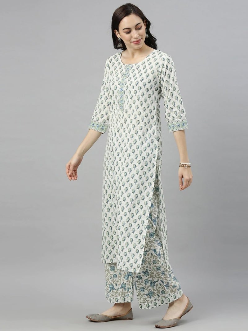 Vaamsi Women's Jaipuri Floral Printed Straight Kurta With Palazzo Set (VKSET1141_Off-White_S) - Image 4