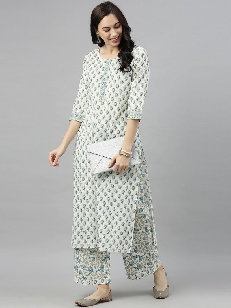 Vaamsi Women's Jaipuri Floral Printed Straight Kurta With Palazzo Set (VKSET1141_Off-White_S) - Image 5