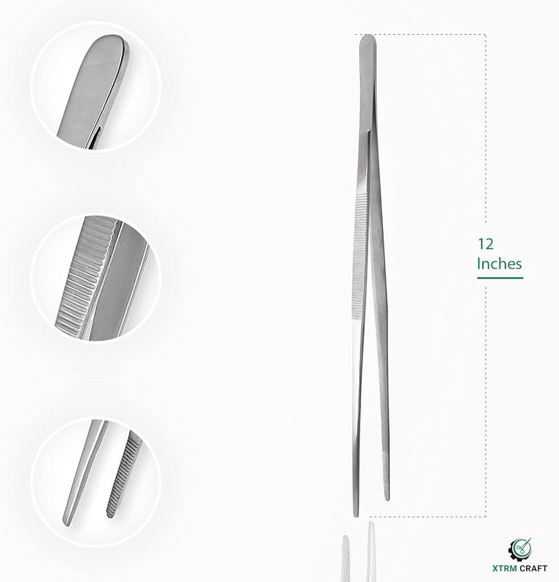 XTRM CRAFT Thumb Dressing Forceps, Mulipurpose Tweezer Stainless Steel, Serrated Tip Straight 12 Inch - Image 4