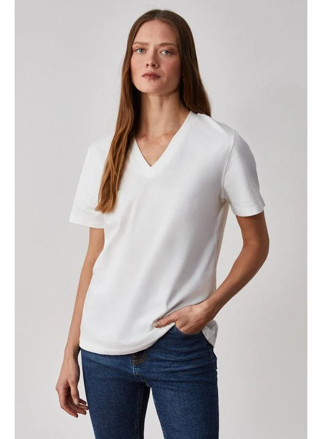 Grimelange ALINE Women's 100% Organic Cotton Deep V-Neck Comfort Fit White T-Shirt.