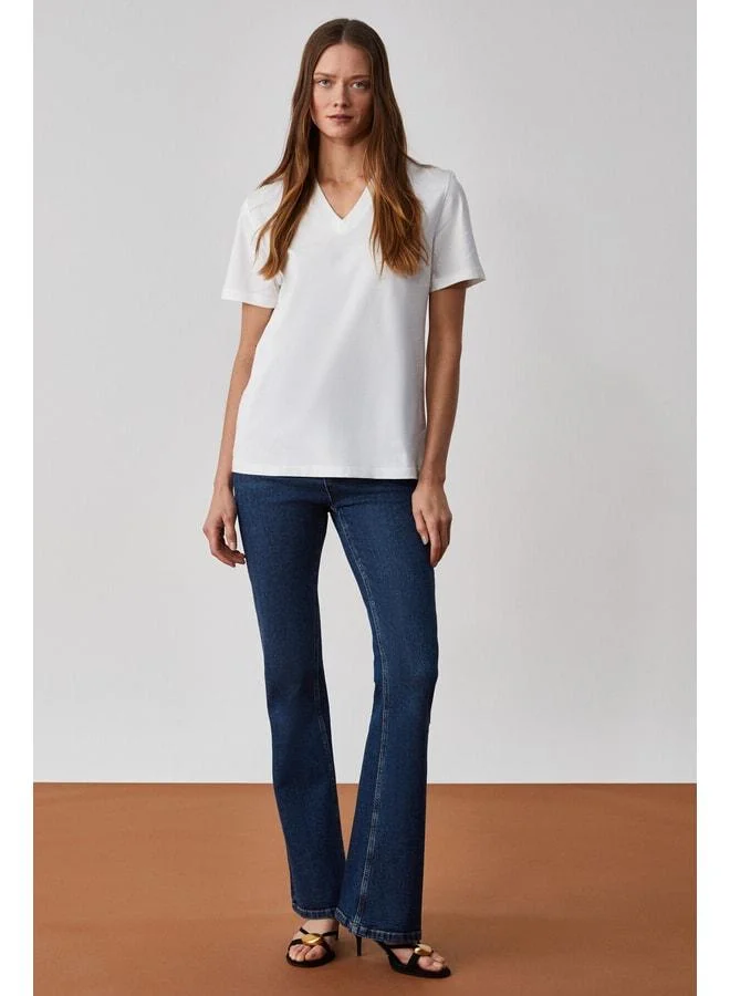 Grimelange ALINE Women's 100% Organic Cotton Deep V-Neck Comfort Fit White T-Shirt.