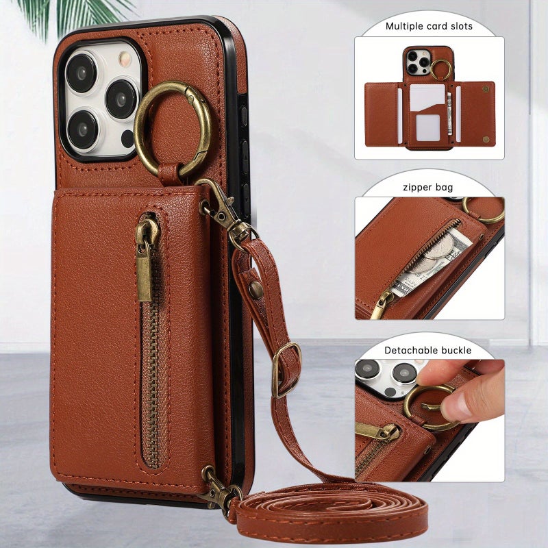 حافظة هاتف بني طراز فينتج من الجلد الصناعي مع حامل بطاقات وحزام كتف طويل لهاتف iPhone 16 Pro Max - Image 1