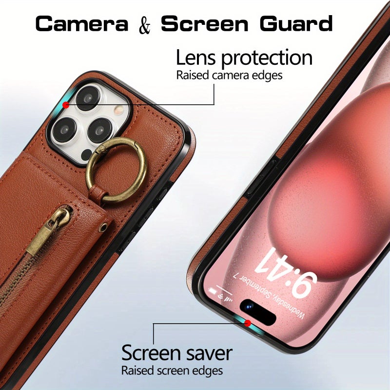 حافظة هاتف بني طراز فينتج من الجلد الصناعي مع حامل بطاقات وحزام كتف طويل لهاتف iPhone 16 Pro Max - Image 2