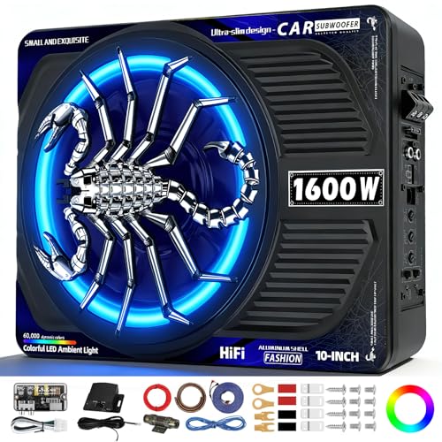 TZGBASS 2026 Upgraded 1600W Slim Underseat Car Subwoofer and Amp Package with RGB Beat-Synced Light, Built-in Class D Amplifier, Low Pass/Gain/Bass Boost Control, Deep Subsonic Bass for Truck SUV Jeep - Image 1