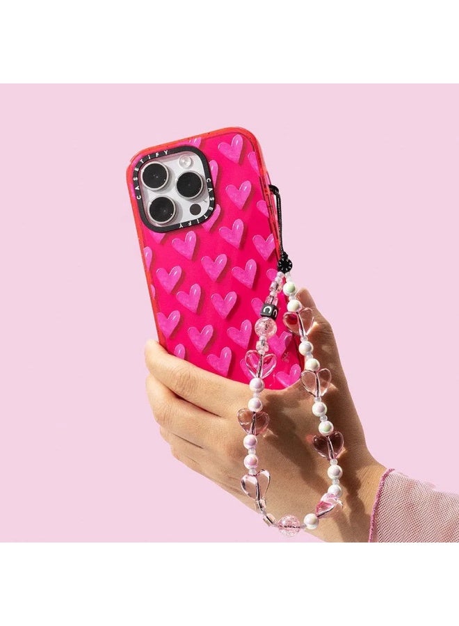 Casetify Pink Transparent Heart Phone Charm Strap, Pink Clear Heart & White Round Beaded Wrist Lanyard, Sweet Girly Cute Floral Phone Wrist Chain - Image 4