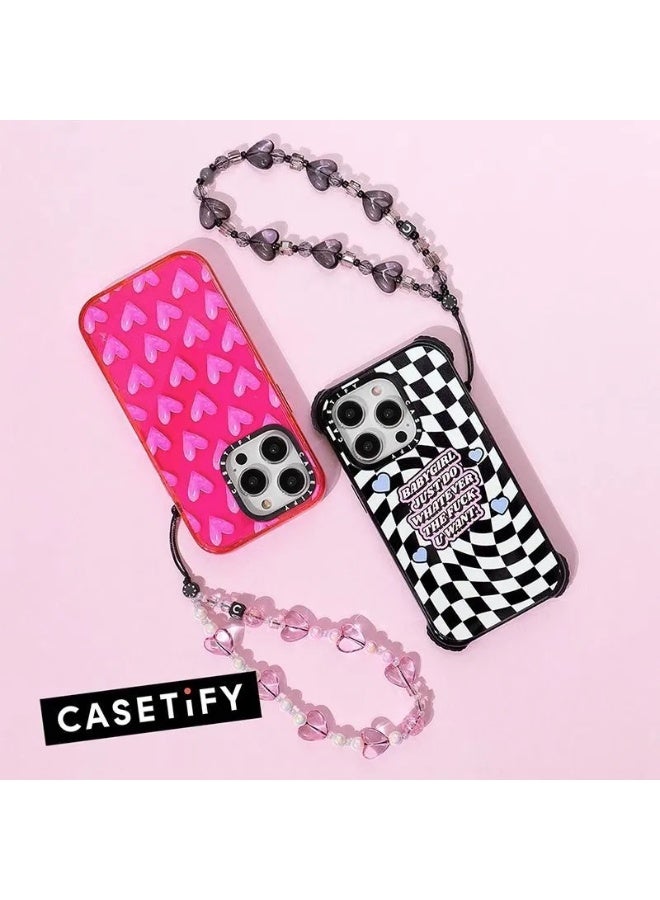 Casetify Pink Transparent Heart Phone Charm Strap, Pink Clear Heart & White Round Beaded Wrist Lanyard, Sweet Girly Cute Floral Phone Wrist Chain - Image 5