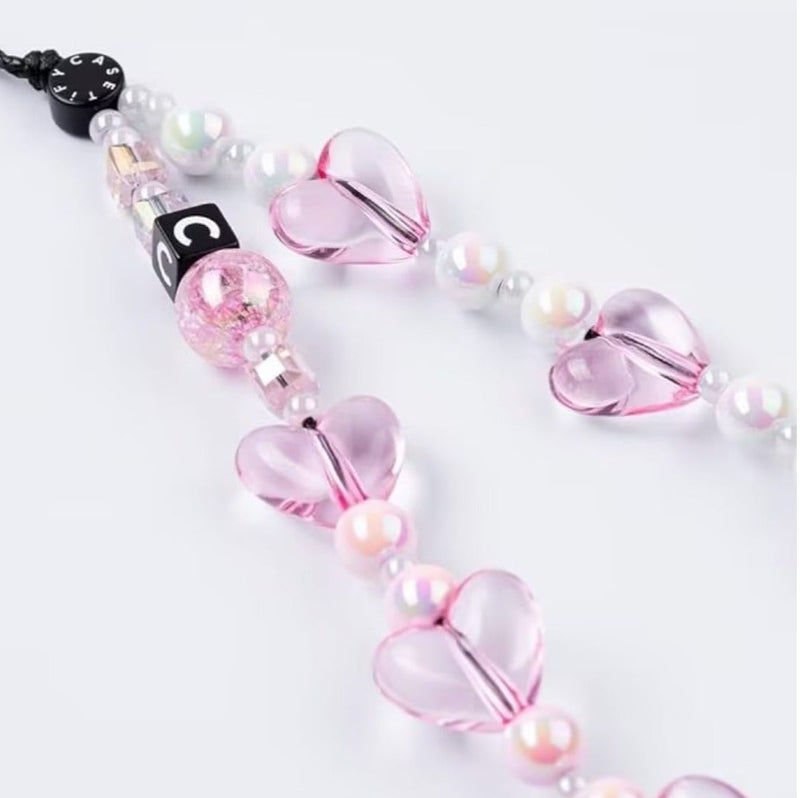 Casetify Pink Transparent Heart Phone Charm Strap, Pink Clear Heart & White Round Beaded Wrist Lanyard, Sweet Girly Cute Floral Phone Wrist Chain - Image 3