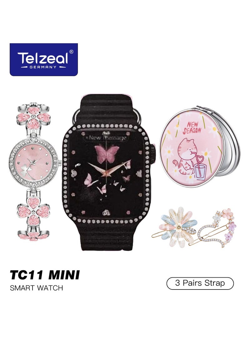 Telzeal - Telzeal TC11 Mini Smart Watch With 3 Pair Strap Analog Watch Makeup Mirror Hair Clip and Wireless Charger Combo For Ladies Black - Image 1