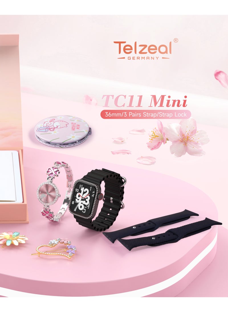 Telzeal - Telzeal TC11 Mini Smart Watch With 3 Pair Strap Analog Watch Makeup Mirror Hair Clip and Wireless Charger Combo For Ladies Black - Image 1