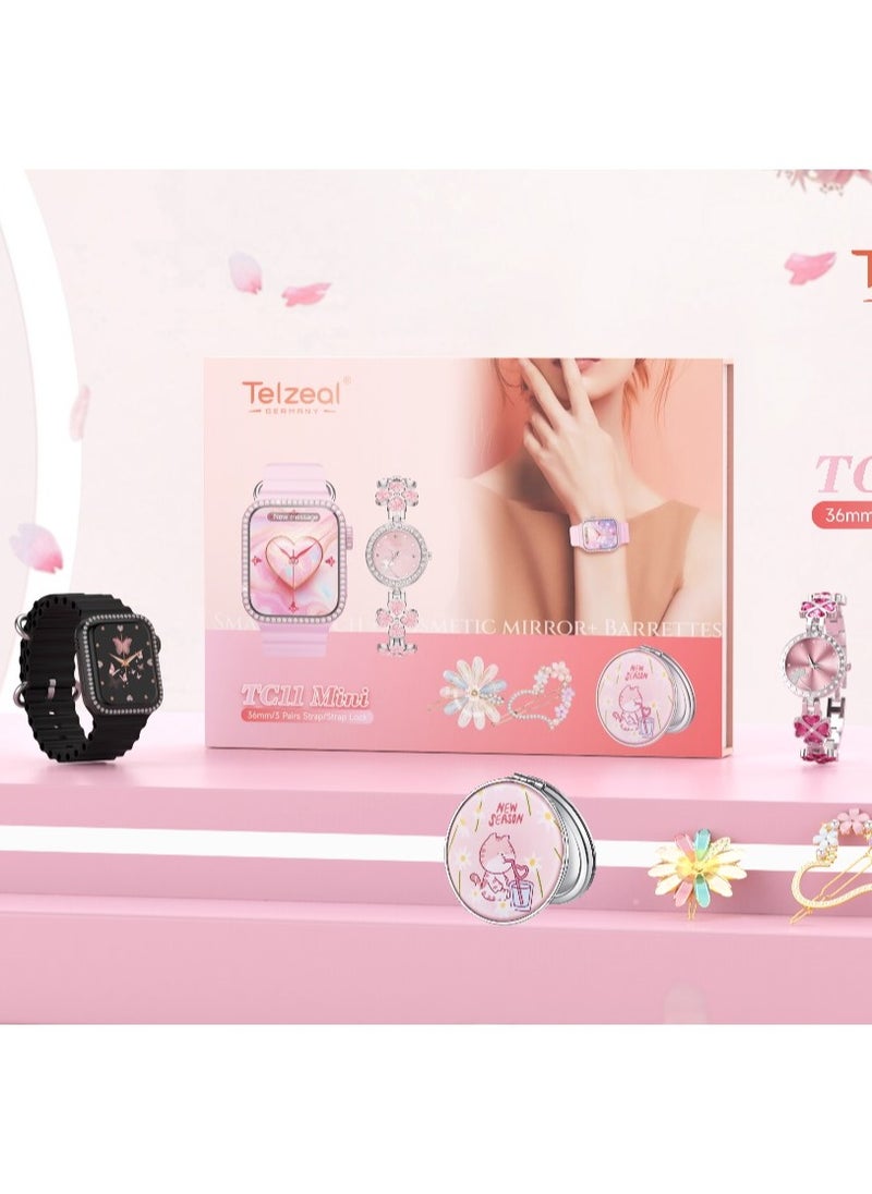 Telzeal - Telzeal TC11 Mini Smart Watch With 3 Pair Strap Analog Watch Makeup Mirror Hair Clip and Wireless Charger Combo For Ladies Black - Image 1