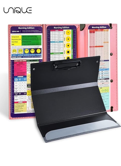 Nursing Clipboard Foldable, Pink Nurse Pocket Clipboard 3 Layers with Nursing Medical Edition Cheat Sheets, Foldable Nurse Clip Boards Notepad for Students, Nurses, Doctors and Medical Staff（Pink）