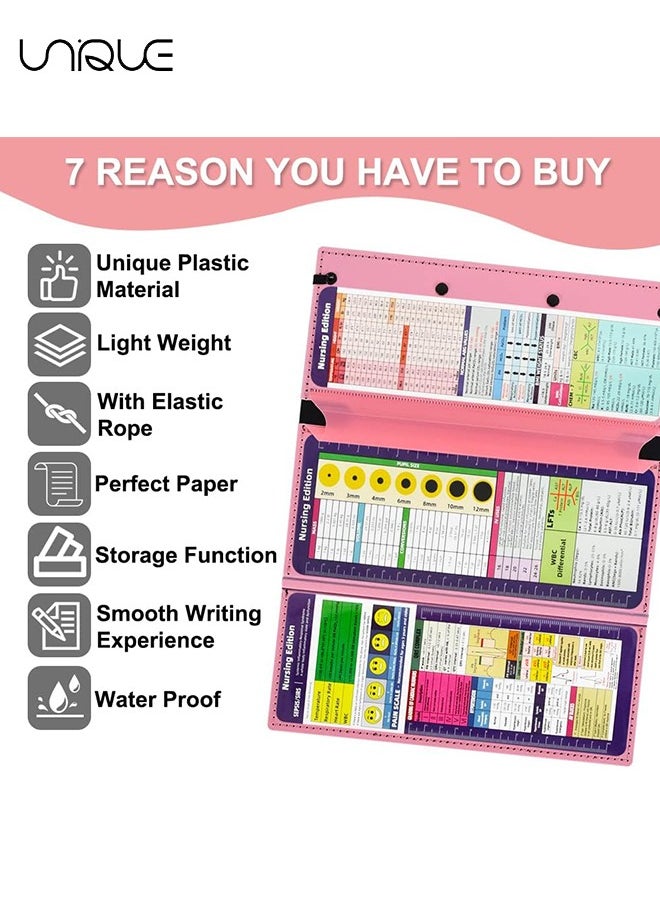 Nursing Clipboard Foldable, Pink Nurse Pocket Clipboard 3 Layers with Nursing Medical Edition Cheat Sheets, Foldable Nurse Clip Boards Notepad for Students, Nurses, Doctors and Medical Staff（Pink）