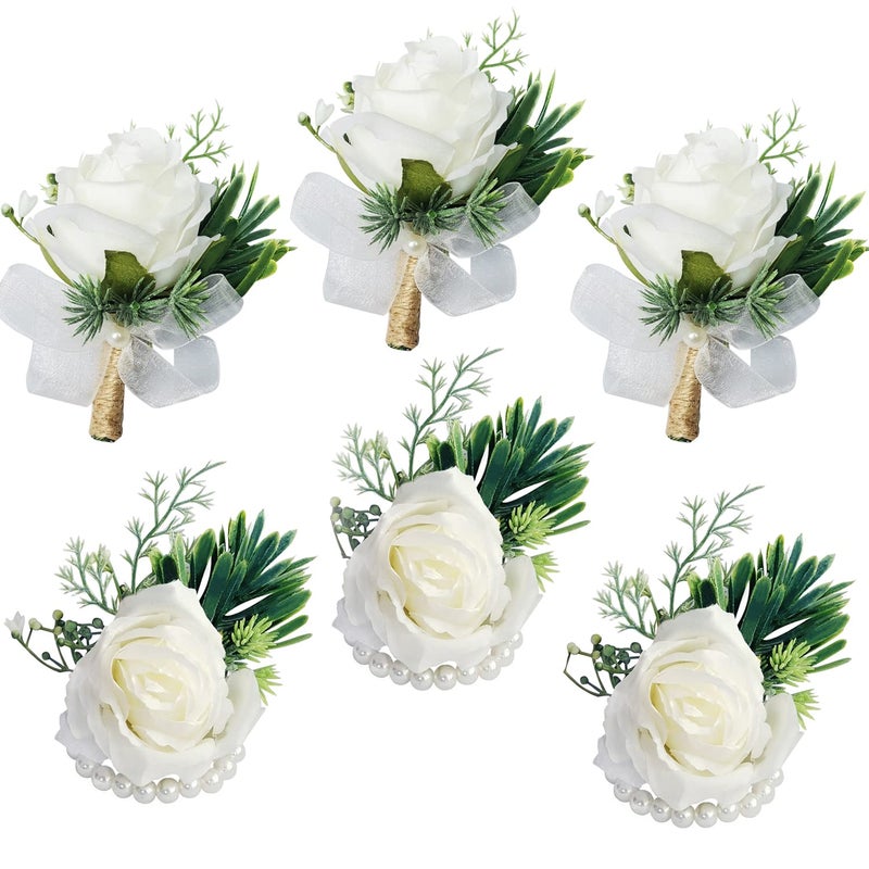 WEIERYUE Artificial Flowers White Rose Wrist Flowers and Men's Corsage Wedding Flowers Ceremony (3 Boutonnieres & 3 Wrist Corsages) - Image 1
