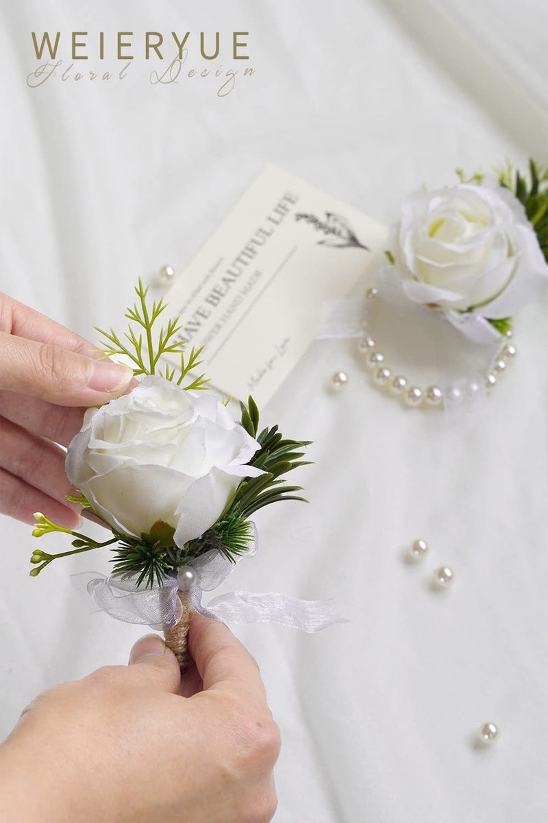 WEIERYUE Artificial Flowers White Rose Wrist Flowers and Men's Corsage Wedding Flowers Ceremony (3 Boutonnieres & 3 Wrist Corsages) - Image 5