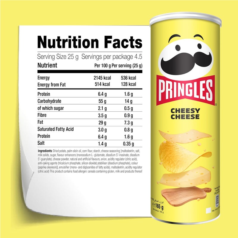 Pringles برينجلز بنكهة الجبنة - رقائق بطاطس - 165جم - وجبة خفيفة مقرمشة - طعام خفيف مقرمش للأفلام والألعاب والمزيد - علبة مناسبة للسفر - Image 2