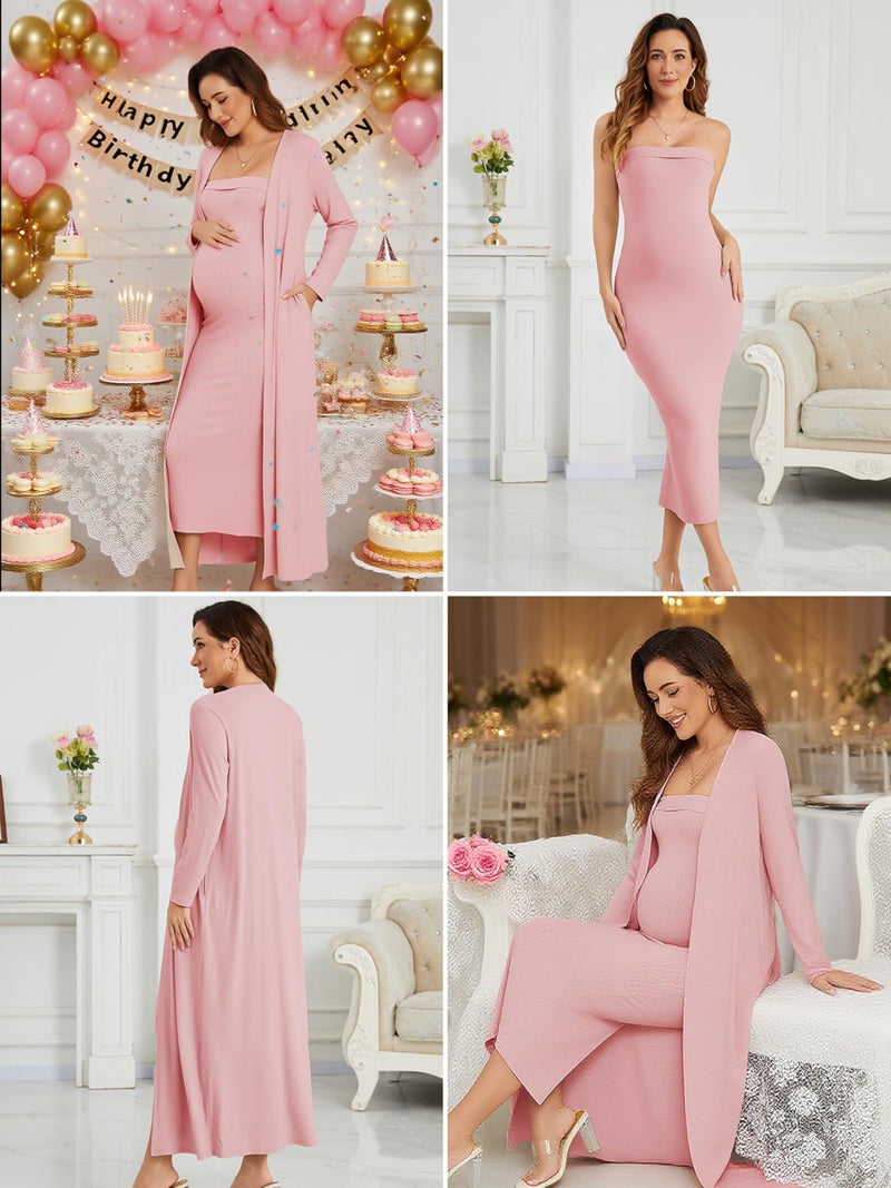 Ecavus Maternity Tube Dress Long Cardigan 2 Piece for Baby Shower and Wedding Guest Ribbed Maternity Photoshoot Dresses Pink - Image 4