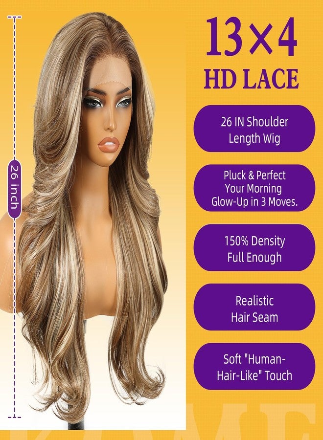 KOME Ash Blonde Highlight Synthetic Lace Front Wig,13x4 HD Lace Layered Wave Glueless Wigs for Women Daily Use 26IN - Image 4