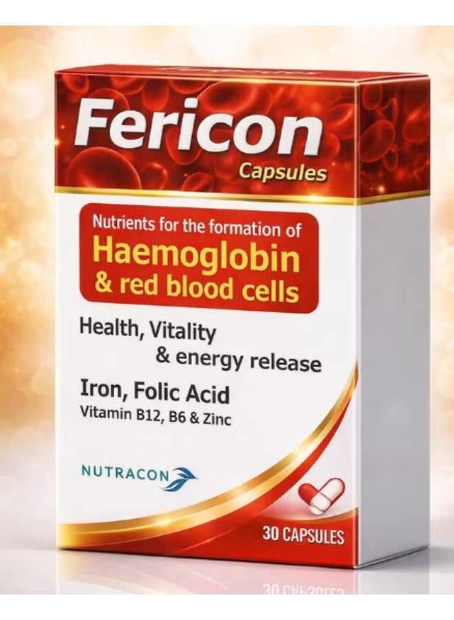 Fericon Capsules – Iron, Folic Acid & Vitamin B12 for Haemoglobin & Red Blood Cell Formation (30 Capsules)