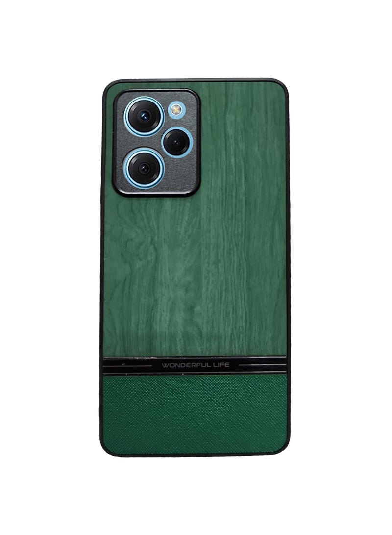 Elmo3ezz Shockproof Wood Grain Skin PU and TPU Shockproof Luxury Phone Case for Poco X5 Pro (green)