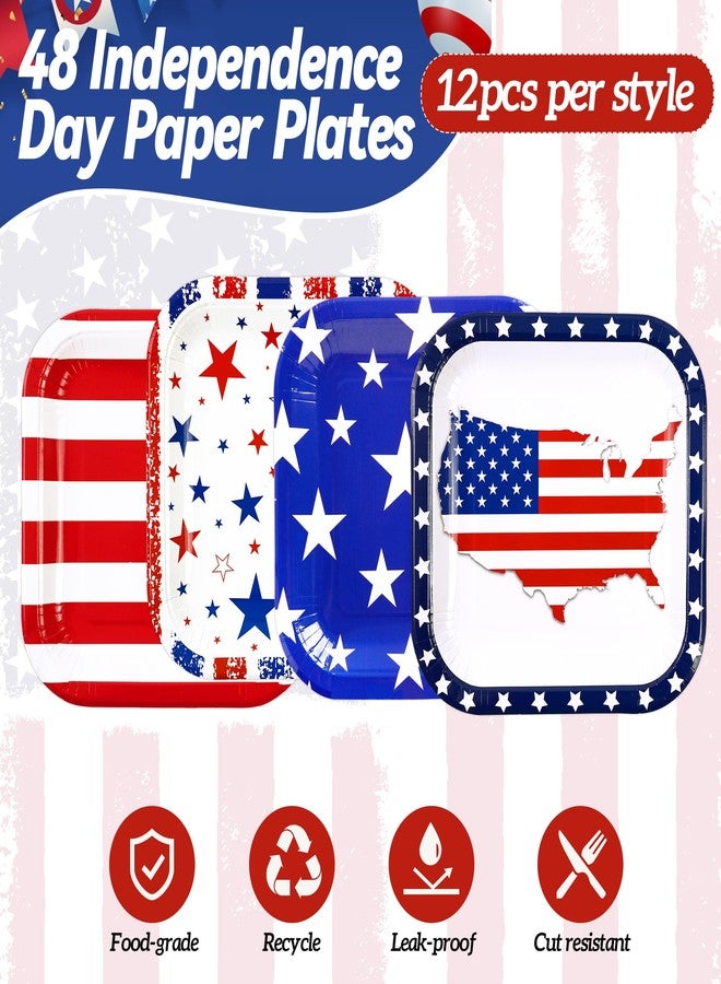PUEVENYI 48pcs 4th of July Paper Plates - 7 Inch Patriotic Dessert Plates Red White Blue American Flag Square Plates Disposable Tableware Set for Independence Day Memorial Day Party Supplies - Image 3