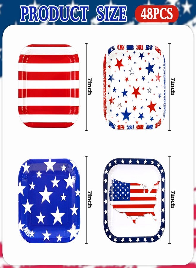 PUEVENYI 48pcs 4th of July Paper Plates - 7 Inch Patriotic Dessert Plates Red White Blue American Flag Square Plates Disposable Tableware Set for Independence Day Memorial Day Party Supplies - Image 2