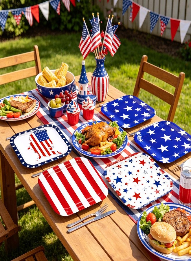 PUEVENYI 48pcs 4th of July Paper Plates - 7 Inch Patriotic Dessert Plates Red White Blue American Flag Square Plates Disposable Tableware Set for Independence Day Memorial Day Party Supplies - Image 5
