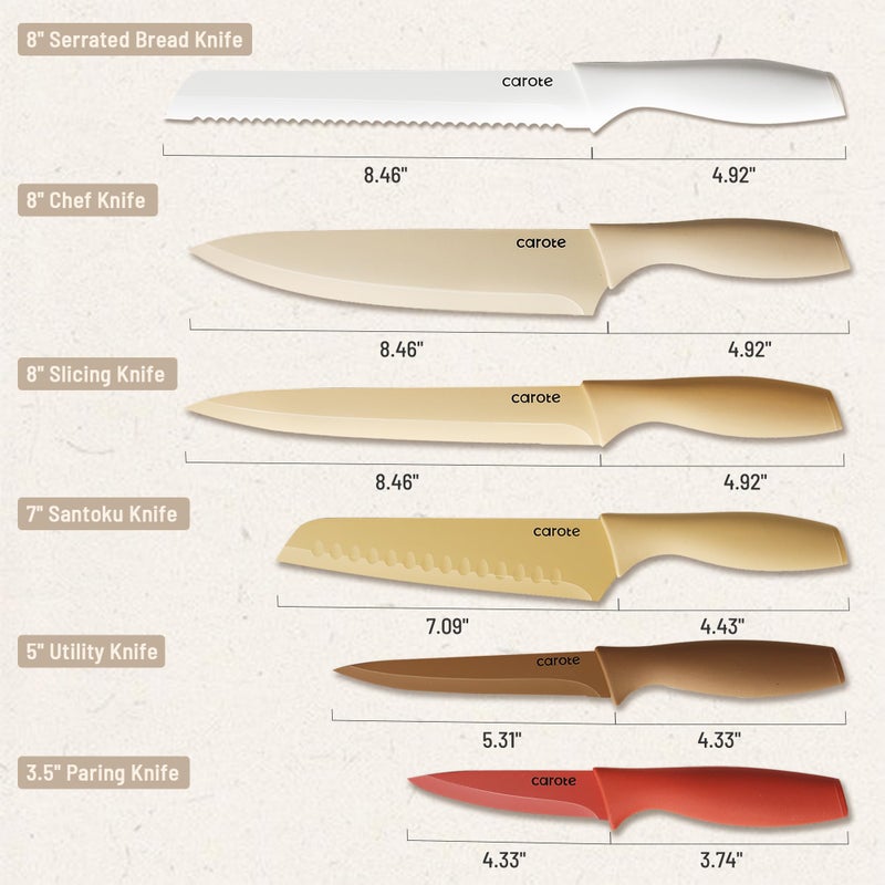CAROTE 12 Pieces Kitchen Knife Set, Stainless Steel Knife Set With Nonstick Ceramic Coating, Dishwasher Safe with 6 Blade Guards, Rustproof, Brown - Image 3