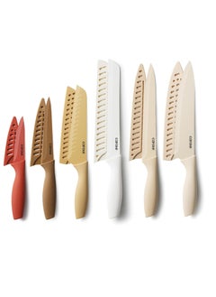 CAROTE 12 Pieces Kitchen Knife Set, Stainless Steel Knife Set With Nonstick Creamic Coating,Dishwasher Safe with 6 Blade Guards, Rustproof, Brown