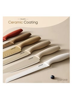 CAROTE CAROTE 12 Pieces Kitchen Knife Set, Stainless Steel Knife Set With Nonstick Creamic Coating,Dishwasher Safe with 6 Blade Guards, Rustproof, Brown  - Image 3