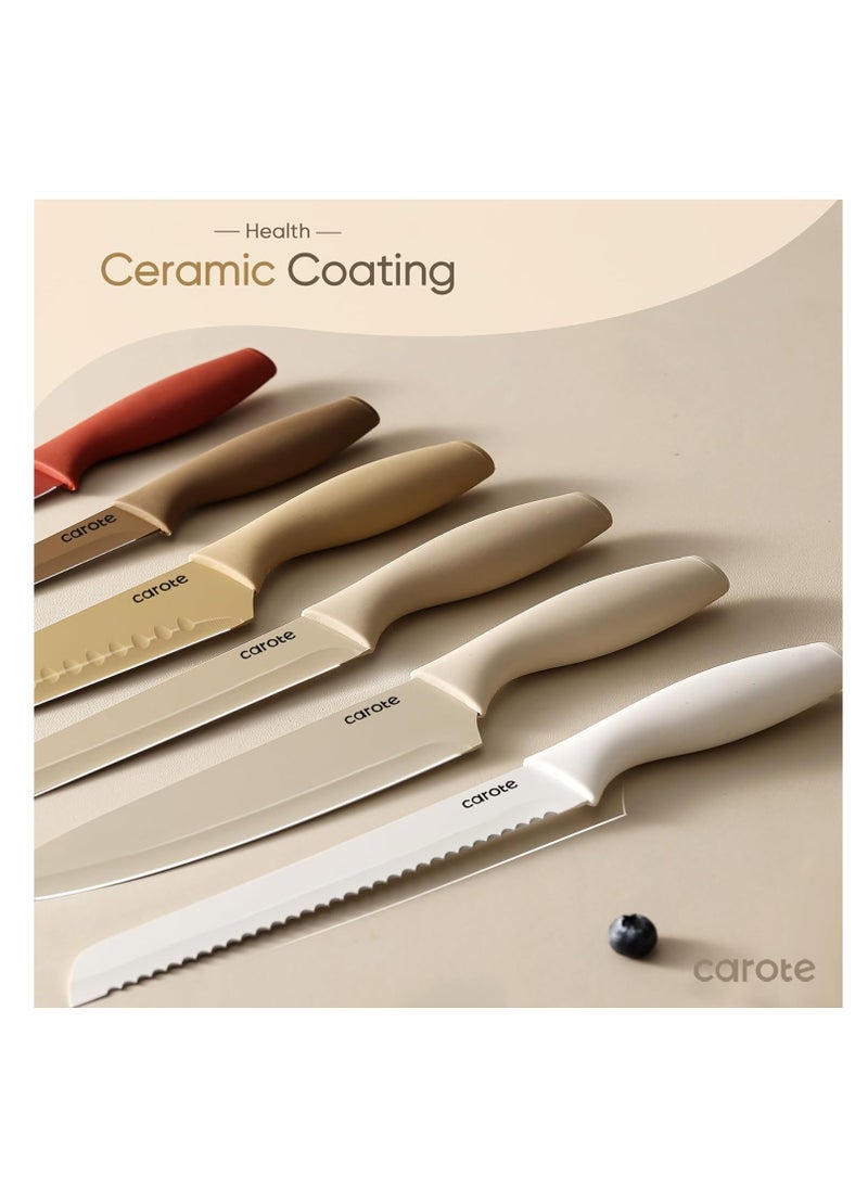 CAROTE - CAROTE 12 Pieces Kitchen Knife Set, Stainless Steel Knife Set With Nonstick Creamic Coating,Dishwasher Safe with 6 Blade Guards, Rustproof, Brown - Image 1