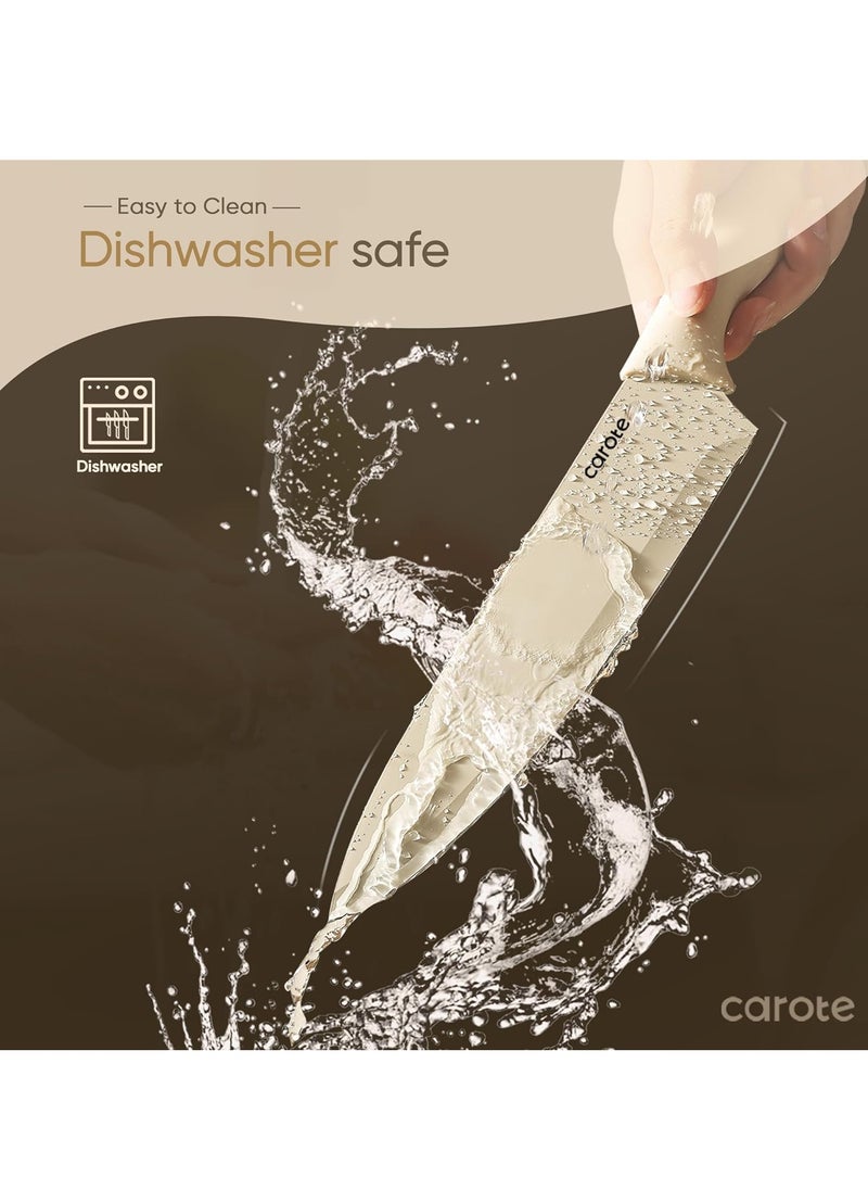 CAROTE - CAROTE 12 Pieces Kitchen Knife Set, Stainless Steel Knife Set With Nonstick Creamic Coating,Dishwasher Safe with 6 Blade Guards, Rustproof, Brown - Image 1