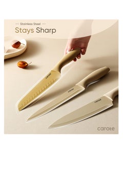CAROTE CAROTE 12 Pieces Kitchen Knife Set, Stainless Steel Knife Set With Nonstick Creamic Coating,Dishwasher Safe with 6 Blade Guards, Rustproof, Brown  - Image 4