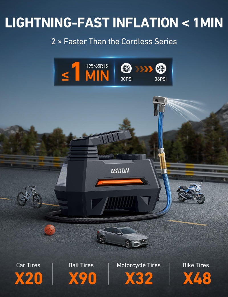 AstroAI ضاغط هواء محمول من أسترو إيه آي لتضخيم الإطارات - ملحقات السيارات، 9.8 قدم، مضخة أوتوماتيكية تعمل بجهد 12 فولت مع مقياس ضغط رقمي، ضوء LED للدراجات، البالونات، برتقالي - Image 2