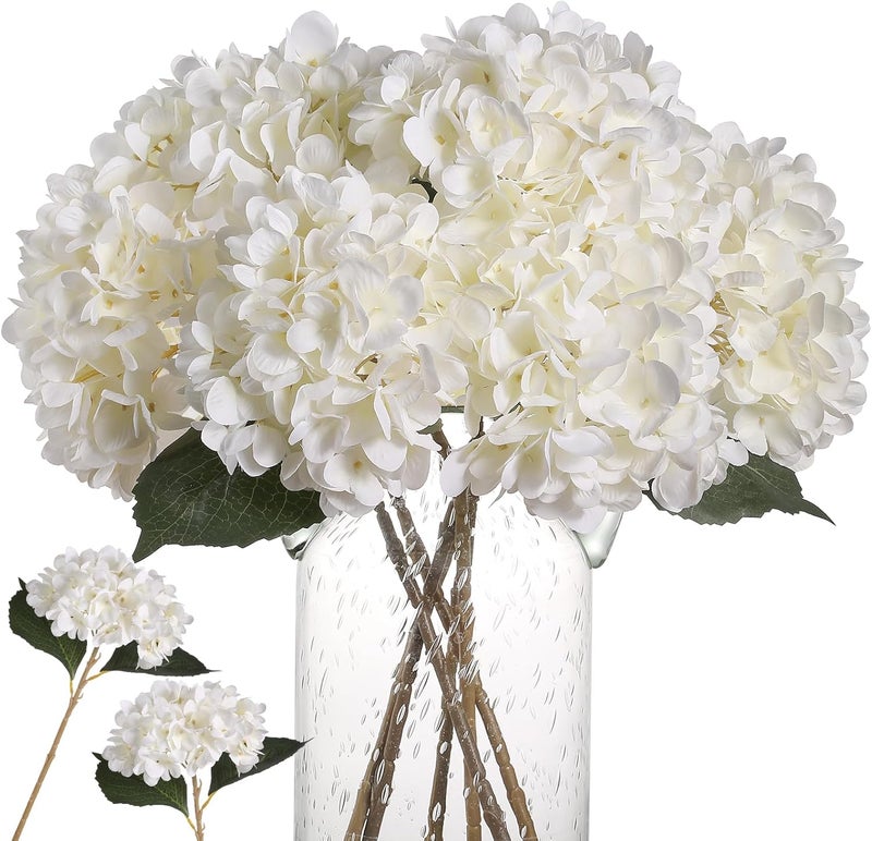 Kisflower كيسفلاور، 6 قطع من الزهور الصناعية بلون الأبيض، من نوع الهيدرانجيا، زهور واقعية تُستخدم في حفلات الزفاف، المكاتب، أو لتزيين المنزل (اللون: أبيض). - Image 1