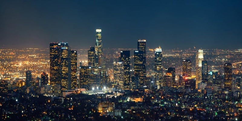 AOFOTO 6x3ft Modern Big City Skyline Backdrop Los Angeles Night View Backdrop US California Downtown Skyscraper Urban Lights Night Scene Photography Background for Kids Adult Photo Shoot Props - Image 1