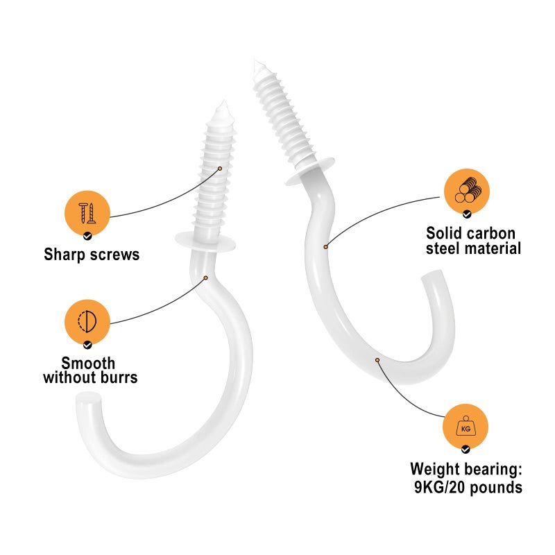 Relbro 50 Pcs Screw Hooks 1-1/4 Inch White Cup Hooks Screw In Mug Hooks Metal Heavy Duty Screw Wood Wall Ceiling Hooks Plant Hooks Indoor Outdoor For Utensils Plants Baskets Lights Wreaths - Image 4