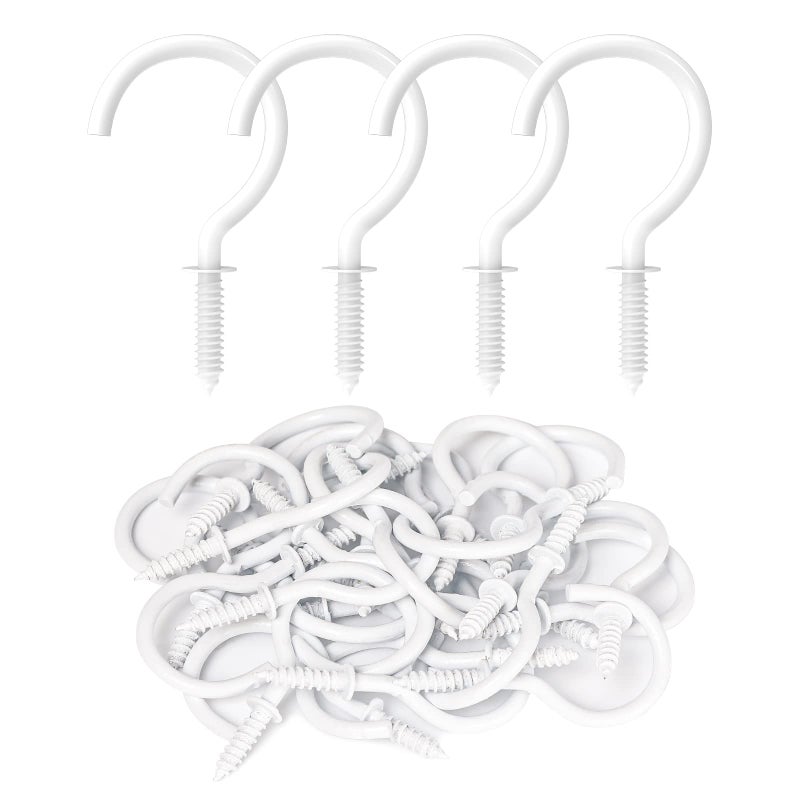 Relbro 50 Pcs Screw Hooks 1-1/4 Inch White Cup Hooks Screw In Mug Hooks Metal Heavy Duty Screw Wood Wall Ceiling Hooks Plant Hooks Indoor Outdoor For Utensils Plants Baskets Lights Wreaths - Image 1